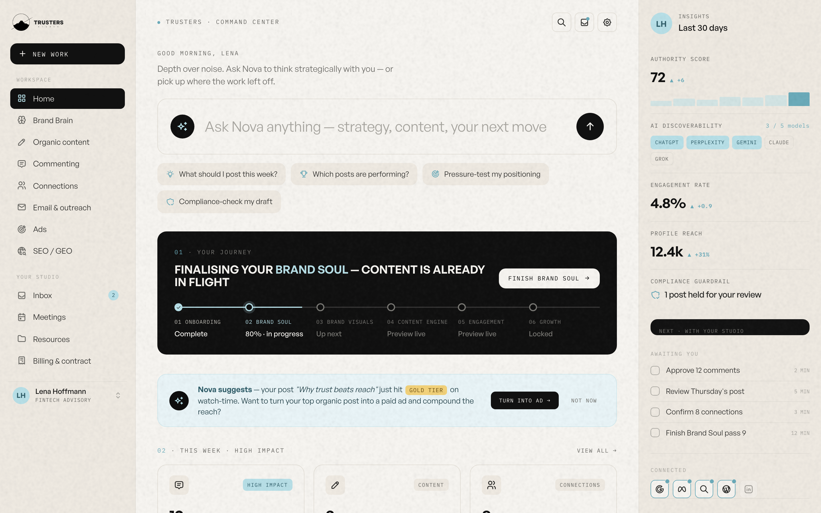The Trusters Command Center dashboard, with Ask Nova at the centre